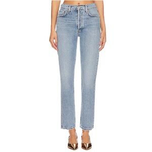 AGOLDE Riley Long High Rise Slim Straight Light Medium Blue Button Fly Size 27